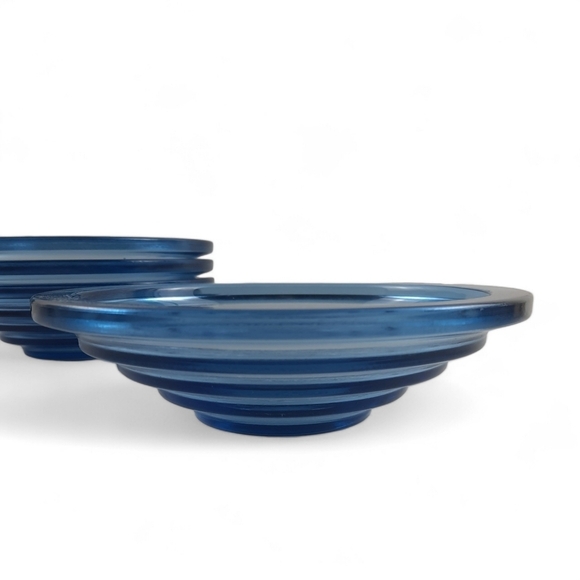Set of 4 MCM Stepped Glass Soup Bowls Colbalt Blue Ribbed Salad Cereal Vintage - Picture 1 of 9